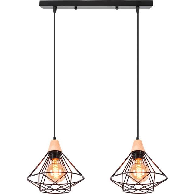 2 Lights Vintage Pendant Light, 22CM Retro Wood and Iron Pendant Light Black Cage Design Ceiling Light E27 for Living Room Kitchen Dining Room