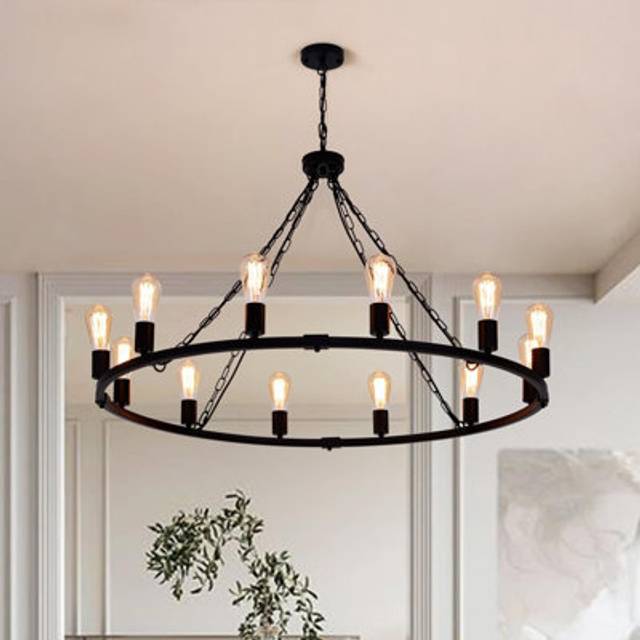 12-Light 99 cm Vintage Pendant Wagon Wheel Chandelier - Black - One Size