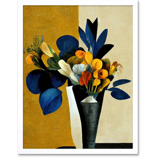 Wall Art Print Blue Mustard Ochre Orange Autumnal Abstract Bouquet Flowers Painting Art Framed - White - W12 inch x H16 inch