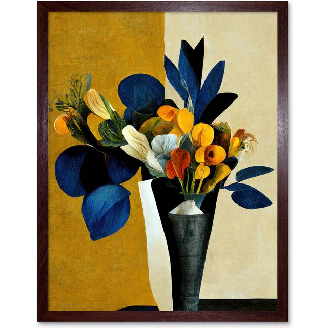 Wall Art Print Blue Mustard Ochre Orange Autumnal Abstract Bouquet Flowers Painting Art Framed - Brown - W12 inch x H16 inch