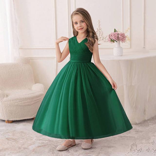 SHEIN Tween Girl Dark Green Puffy Tulle Dress, Christmas Party Formal Wear