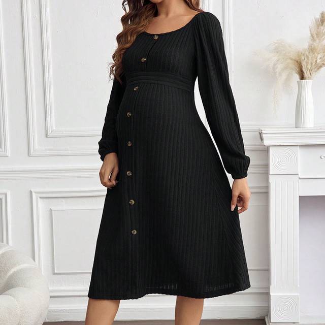 SHEIN Pregnant Women&#39;s Solid Ribbed Oversized Lantern Sleeve Button Accent Dress, For Maternity