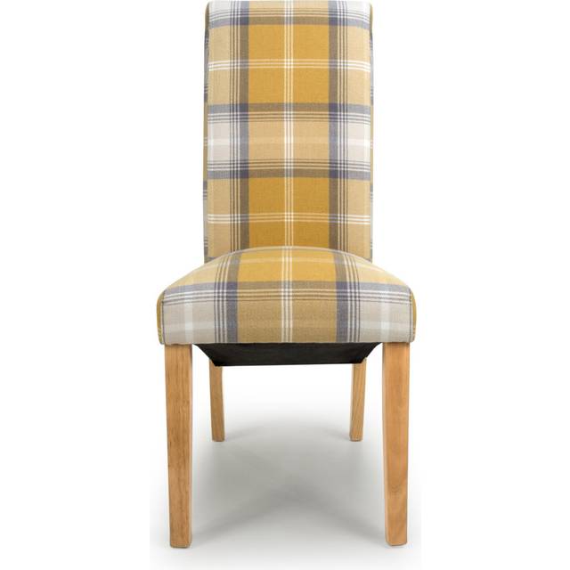 Karta Scroll Back Check Yellow Dining Chair - Natural Wood (98cm H X 45cm W X 60cm D)