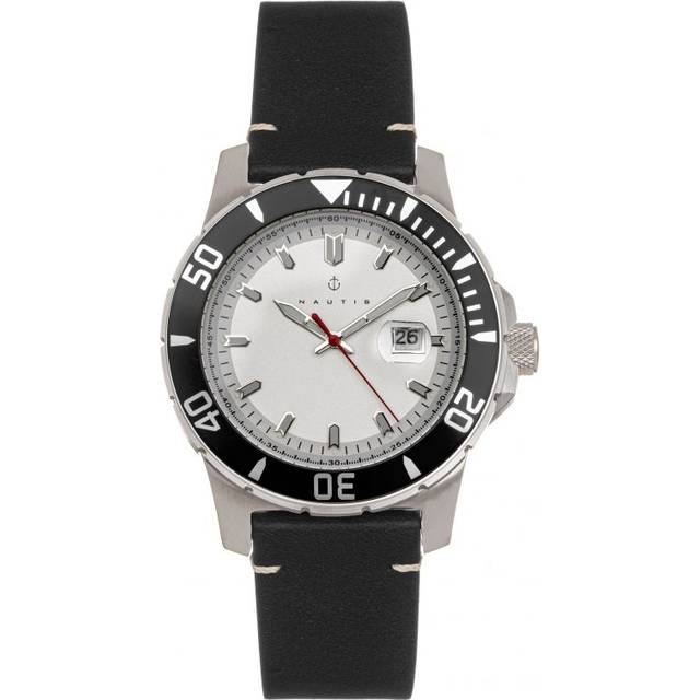 Nautis Mens Dive Pro 200 Leather-Band Watch w/Date - Black/White Stainless Steel - One Size