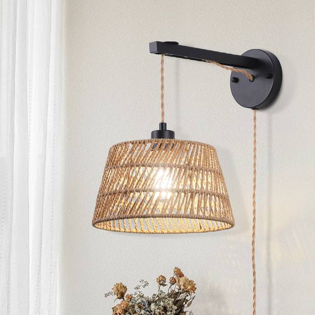 Elena Rattan Plug-in Swing Arm Sconce with Bulb Included - Black;Black (35.5cm H X 27cm W X 42.5cm D)