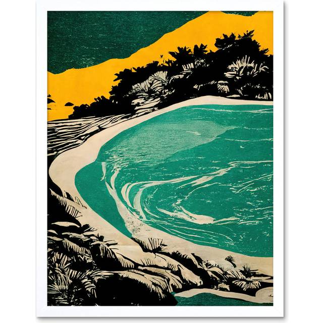 Wall Art Print Beach Lagoon Abstract Marbled Seascape Mustard Teal Art Framed - White - W12 inch x H16 inch