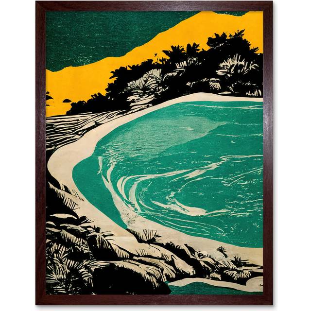 Wall Art Print Beach Lagoon Abstract Marbled Seascape Mustard Teal Art Framed - Brown - W12 inch x H16 inch