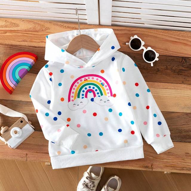 SHEIN Young Girl Long Sleeve Hoodie With Kangaroo Pocket, Tie-Hem, Rainbow Cloud & Colorful Dot Casual Sports Pullover, Suitable For Vacation, Spring & Fall