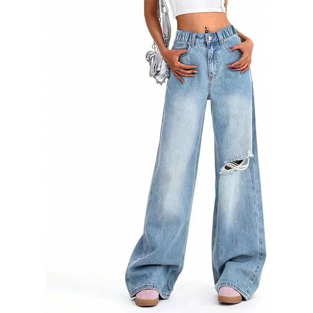 SHEIN Teenage Girls Fashion Distressed Washed Wide Leg Loose Straight Jeans