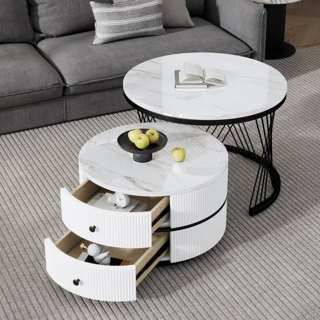 White & High Gloss Round Coffee Table Set Of 2, With Marble Top Nesting Coffee Table, With Storage Drawers - Black (46cm H X 60cm W X 60cm D)