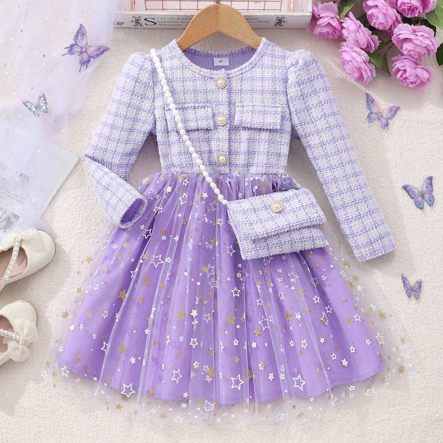 SHEIN Young Girl Check Pattern Contrast Mesh Elegant Princess Dress With Accessories