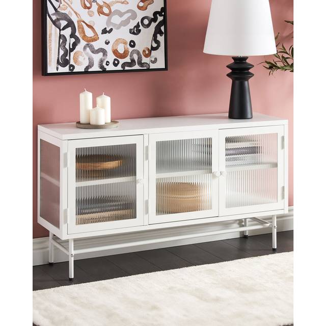 Alexxes 3 Door Metal Sideboard with Glass Display White China Cabinet (64cm H X 115cm W X 35cm D)