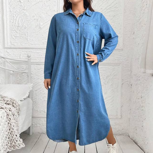 SHEIN Plus Size Blue Long Sleeve Denim Dress