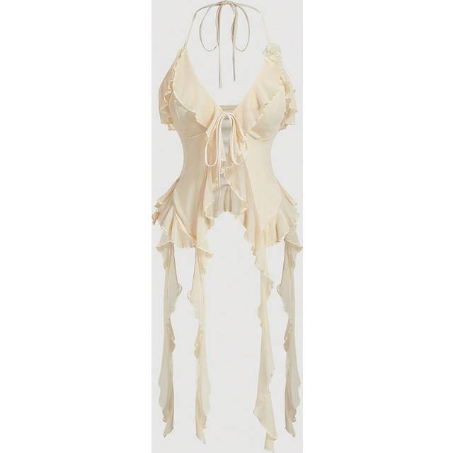 SHEIN Summer Romantic White Ruffle Edge Ribbon And 3D Flower Tie Neck Top Summer Women Tops Concert Women Outfit Sexy Outfits