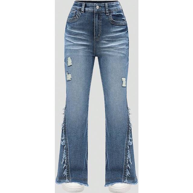 SHEIN Y2K Fashion Distressed Patchwork Flared Jeans With Raw Hem For Teenage Girls, Stretchy