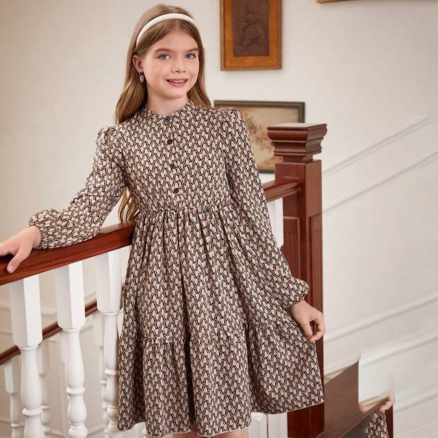 SHEIN Tween Girl Ditsy Floral Lantern Sleeve Vacation Dress Without Belt, Autumn