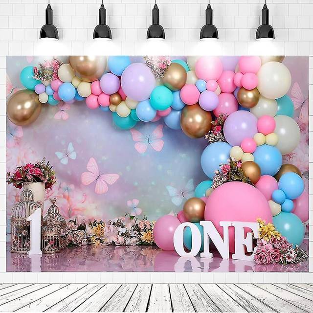 Wonderland Flowers Butterfly Balloons Backdrop For Girl 1st One Year Old First Birthday Cake Smash Decor Backdrop Photo Studio Photography Background