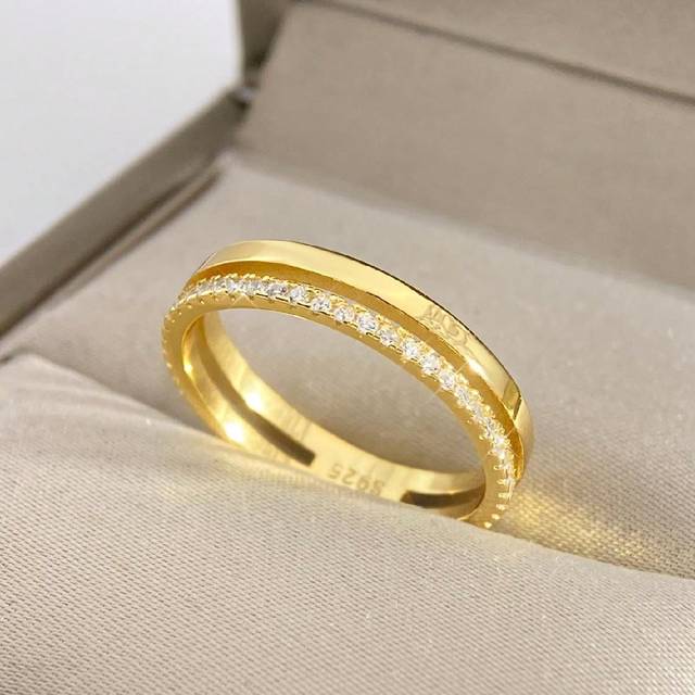 SHEIN 1pc Sterling 925 Silver Vintage Simple Fashion Luxury Double Layer Plated With 14K Gold Finger Ring For Women Girl Daily Life Party Jewelry Gift