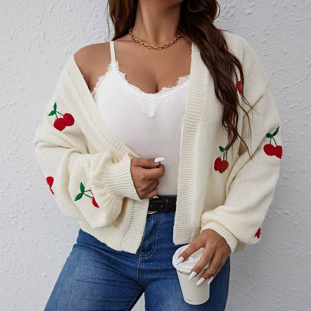 SHEIN Plus Size Women Apricot Cherry Embroidery Lantern Sleeve Off Shoulder Casual Loose Knit Cardigan For Fall Winter