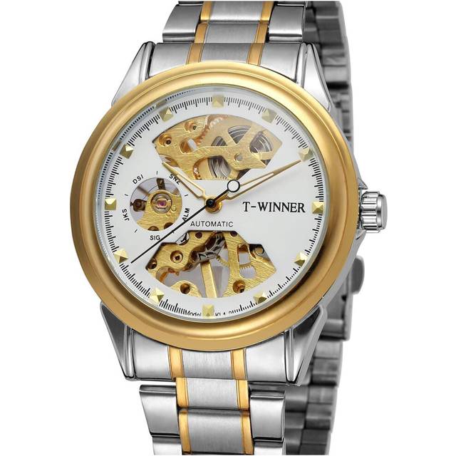 VEANXIN Luxury Skeleton Mechanical Watch Men's Stainless Steel Two Tone Bracelet Watch Waterproof Male Watch
