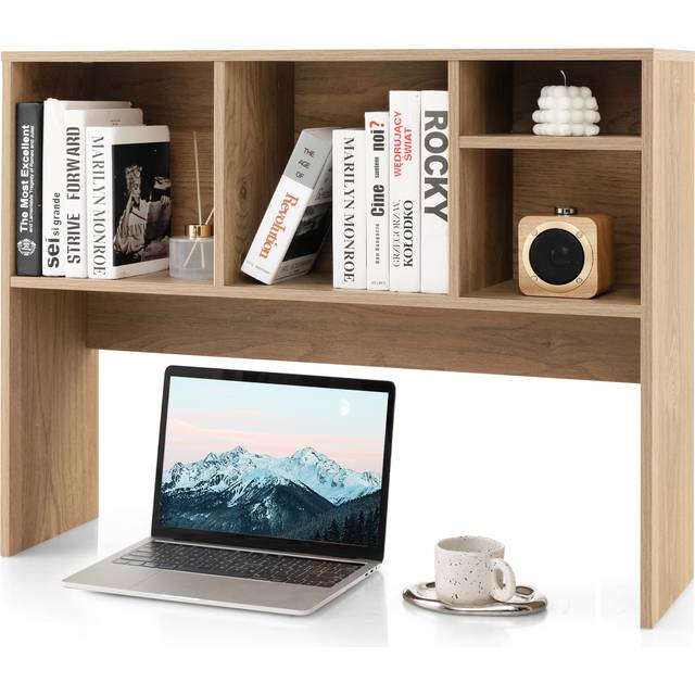 Computer Desktop Bookcase with 4 Cubbies and Open Back Compartment-Natural