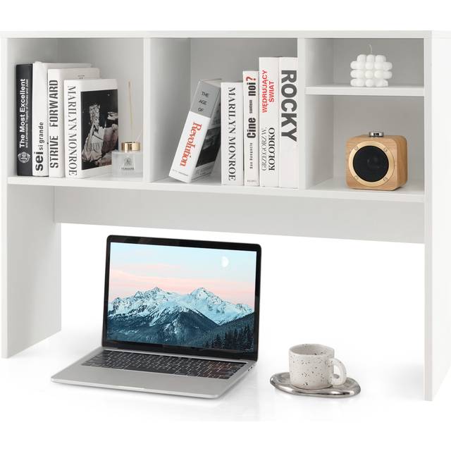 Computer Desktop Bookcase with 4 Cubbies and Open Back Compartment-White