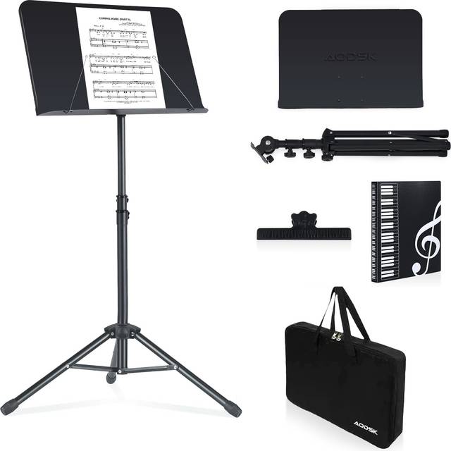 AODSK Sheet Music Stand 5 in 1 Dual-Use Folding Sheet Music Stand & Desktop Book Stand with Portable Carrying Bag & Music Sheet Clip Holder & Sheet Mu