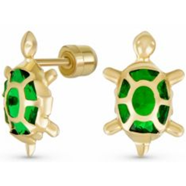 Tiny Tiny Marine Life Vacation CZ Green Total Turtle Genuine Yellow 14K Gold Stud Earrings for Women Teens Secure Screw Back light green