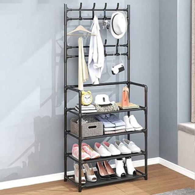 Living And Home 4 Tier Black Entryway Shoe Rack With Coat Hanger 158Cm - One Size