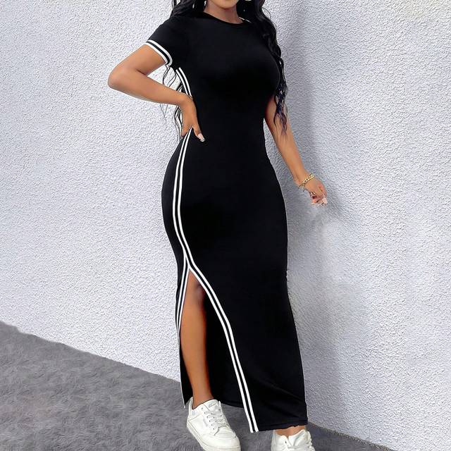 Dazign Women&#39;s Black Contrast Color Elastic Knitted Bodycon Split Midi Dress With Short Sleeves Maxi Women Outfit