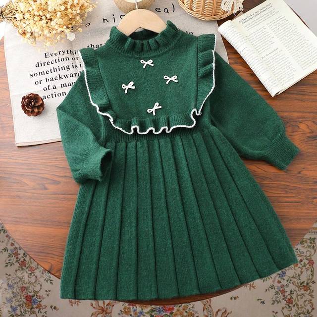 SHEIN Young Girl Knit Dress With Frill, Stand Collar, Bowknot Decor, Suitable For Daily Wear, Christmas Party Occasions