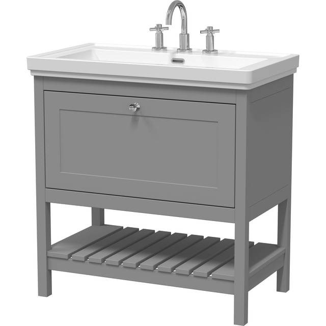 Traditional Furniture Floor Standing 1 Drawer Vanity & 3 Tap Hole Fireclay Basin, 800mm, Cool Grey