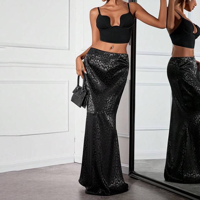 SHEIN Elegant Black Leopard Print Satin Mermaid Skirt