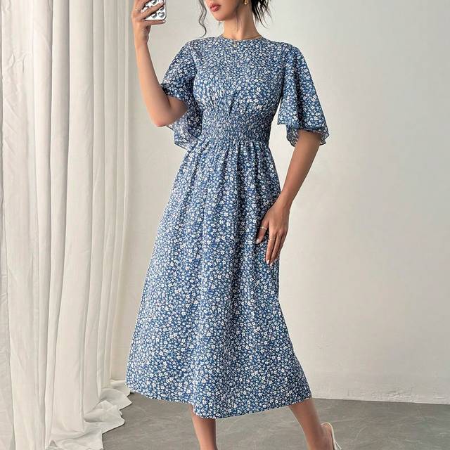 RosyDaze Blue Romantic Vacation Dress, V-Neck Ruffle Short Sleeve Ditsy Floral Cinched Waist Casual Midi Dress Maxi Women Outfit