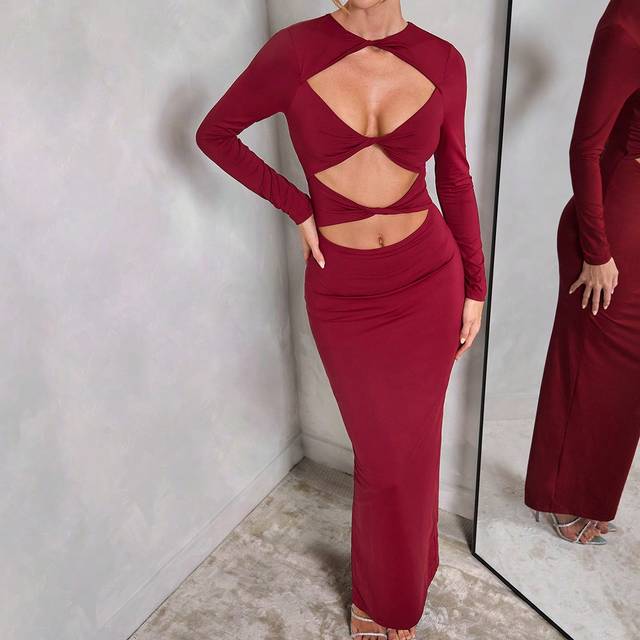 SHEIN Elegant Women&#39;s Sexy Hollow Out Long Sleeve Dress, Perfect For Casual Dating, Nightclub, Party, Wedding, And Special Occasions In Autumn