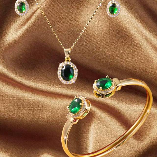 KKCOLA 4pcs Oval Zirconia Necklace, Earrings, Bracelet Jewelry Set In Green, Stainless Steel, Gift Set For Birthday, Mother&#39;s Day, Party Wear