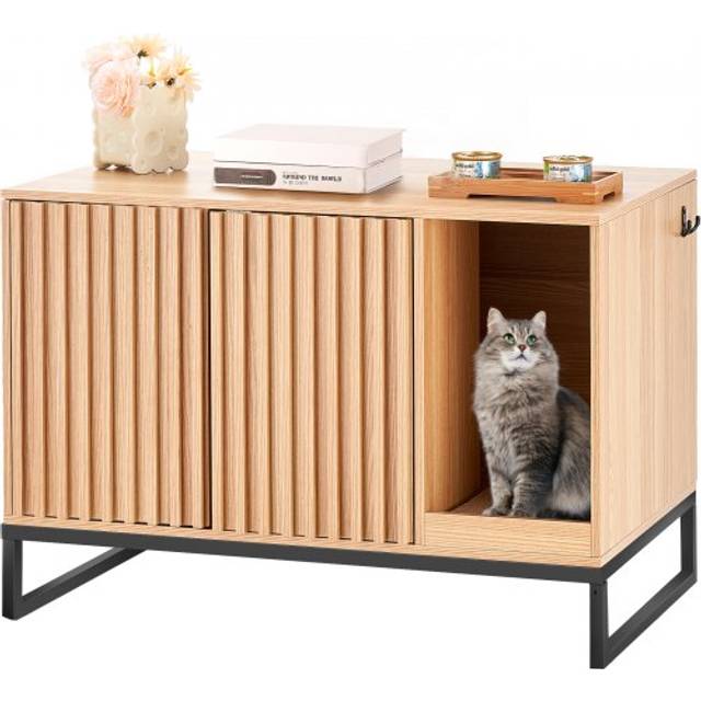 Cat Litter Box Enclosure, Hidden Litter Box Furniture, Wooden Cat Washroom Indoor with 2 Doors & Study Metal Legs, Cat House Cabinet Hidden Fit Most