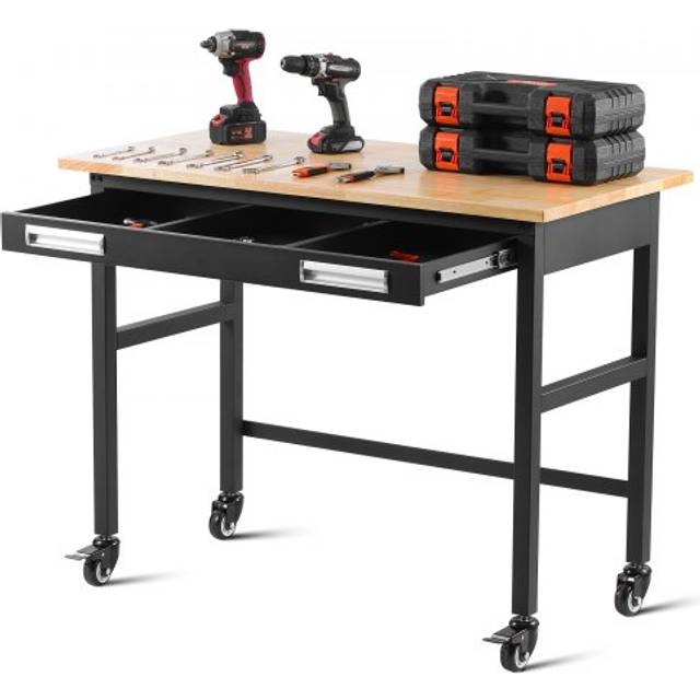 VEVOR 48-inch Workbench, 1500 lbs Load Capacity, Garage Workbench with Drawer Storage & Wheels, Workshop Bench on Wheels, Heavy Duty Oak Wood Top