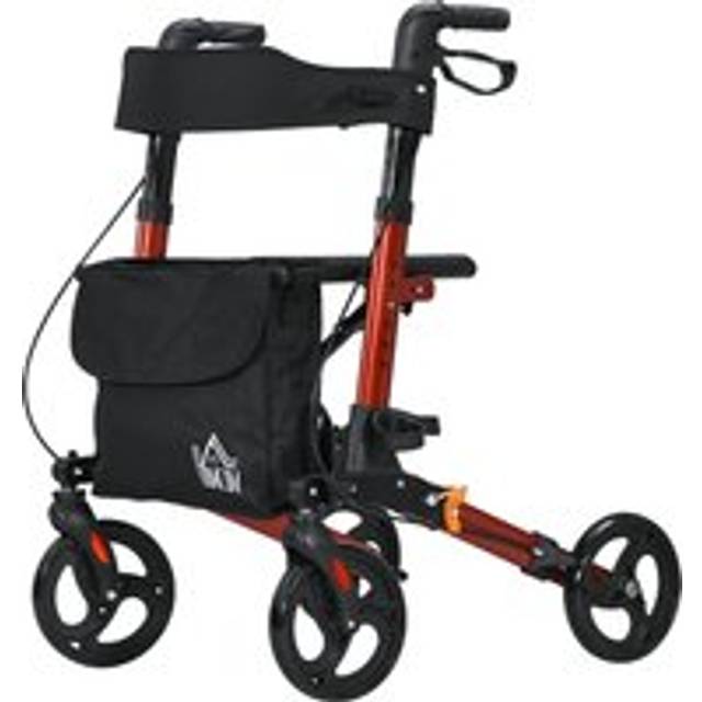 HOMCOM 4 Wheel Rollator with Seat and Back, Folding Mobility Walker with Carry Bag, Adjustable Height, Dual Brakes, Cane Holder, Red Aosom UK