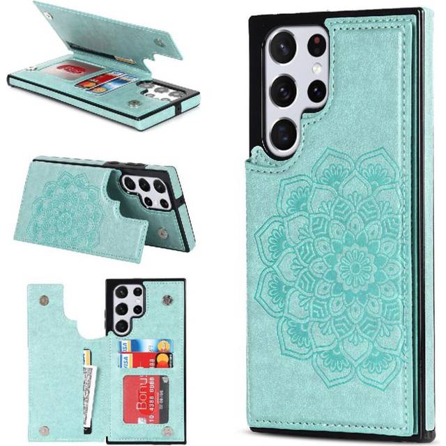 (Green) Wallet with Card Holder Case for Samsung Galaxy S24 Ultra Pu Leather Pattern Flower Double Buttons Embossed Mandala Flip Shockproof