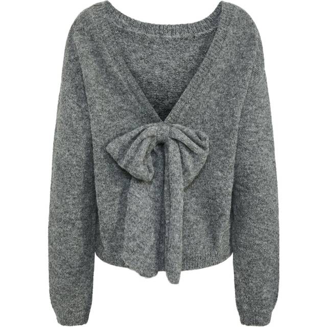 Pieces Allison Ls Bow Reversible Knit Pullover - Medium Grey Melange