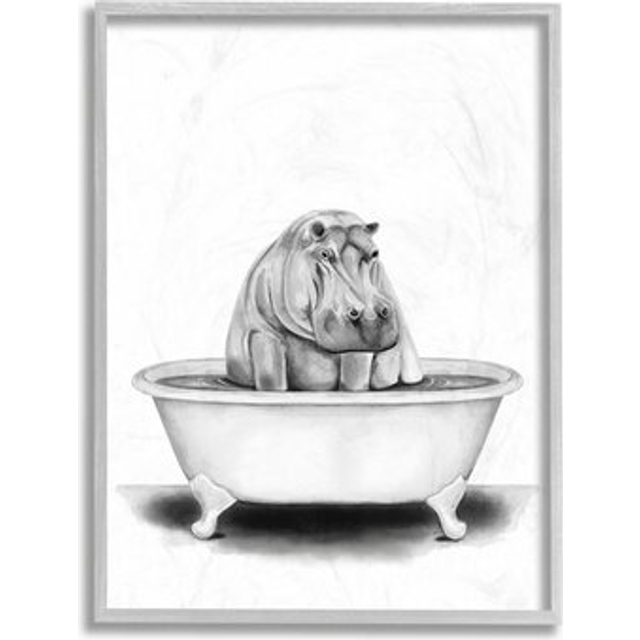Stupell Industries Hippo In A Tub Funny Animal Bathroom Drawing  Design by Rachel Neiman Wall Art  16 x 20  Grey Framed
