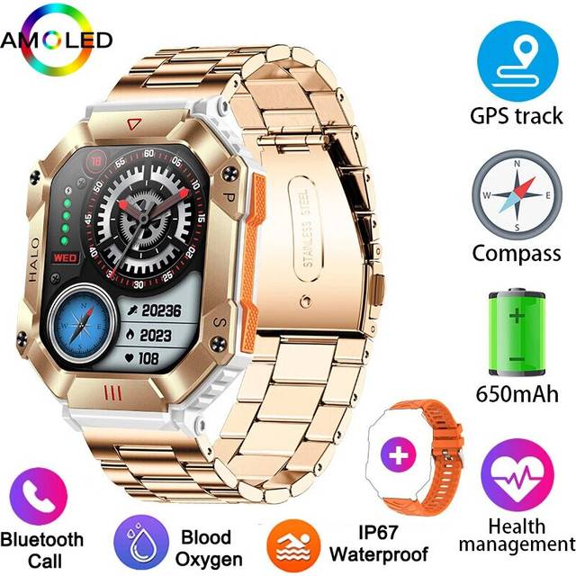 (Steel strip gold, With Compass) [2023 New] Rugged Military Smart Watch Men Super Big Battery Fitness Tracker