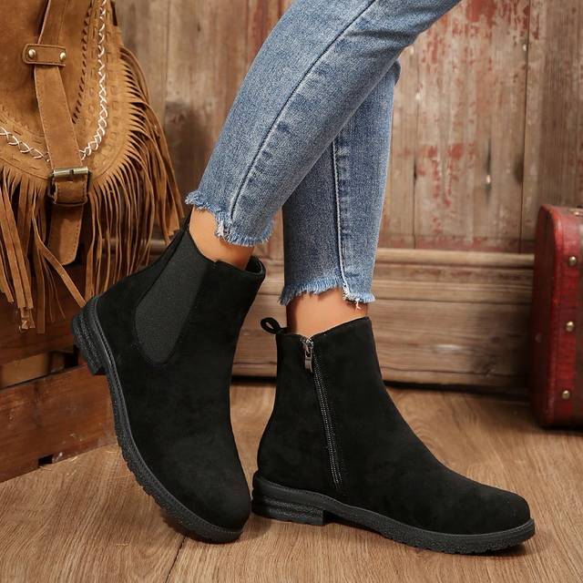 SHEIN Women&#39;s Fashion Casual 1.2 Inch Flat Heel Retro Round Toe Suede  Boots, Side Zipper Western Style Boots For Travel, Vacation, Walking