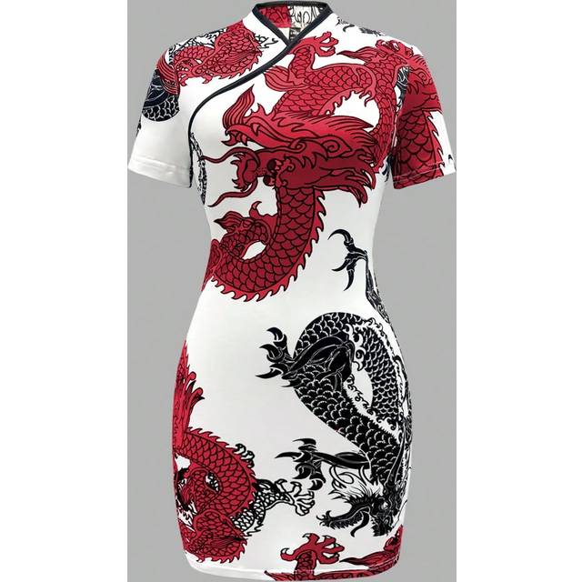 SHEIN Women&#39;s Chinese Dragon Print Short Sleeve Fitted Elegant Mini Dress, Summer