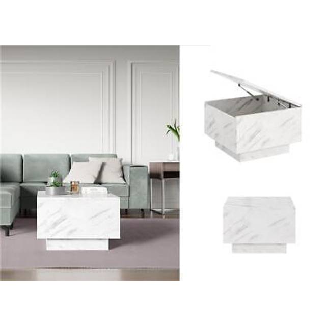 Impact Furniture White Coffee Table White Marble Effect Lift Top Storage Square Side Table - Moon, White