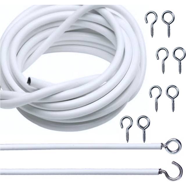 Net curtain wire white expanding cord fabric sheer rod hook & eyes - all lengths
