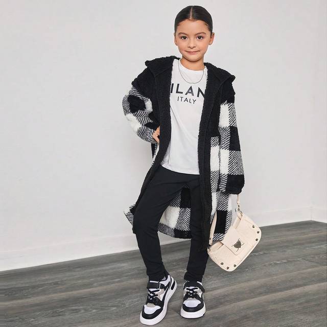 SHEIN Tween Girl Long Hooded Fluffy Jacket, Black And White Plaid Patchwork Fluffy Coat, Winter