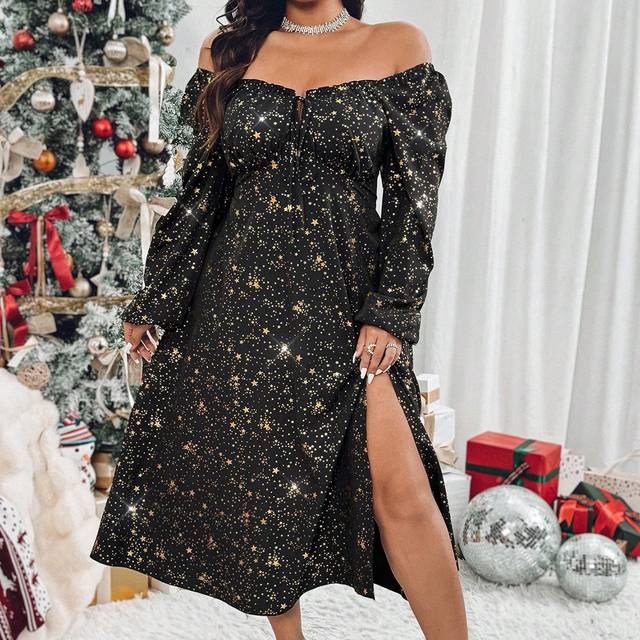Celure Plus Size Long Metallic Embellished Lantern Sleeve Dress With Slit, High Waist Drawstring Tie Up, For Party, Black