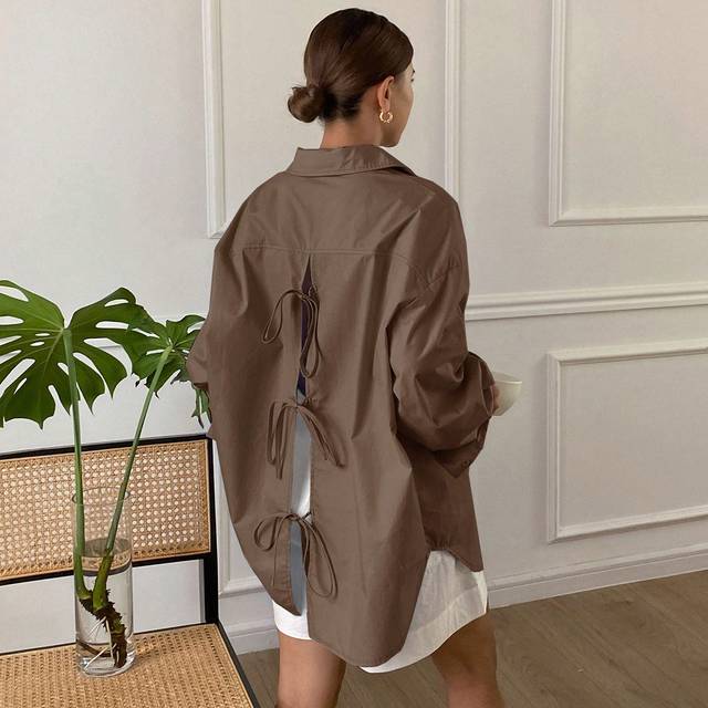 Livesso Women&#39;s Solid Color Loose Long Sleeve Shirt With Turndown Collar, Back Split, Tie And Bow Design,Long Sleeve Tops